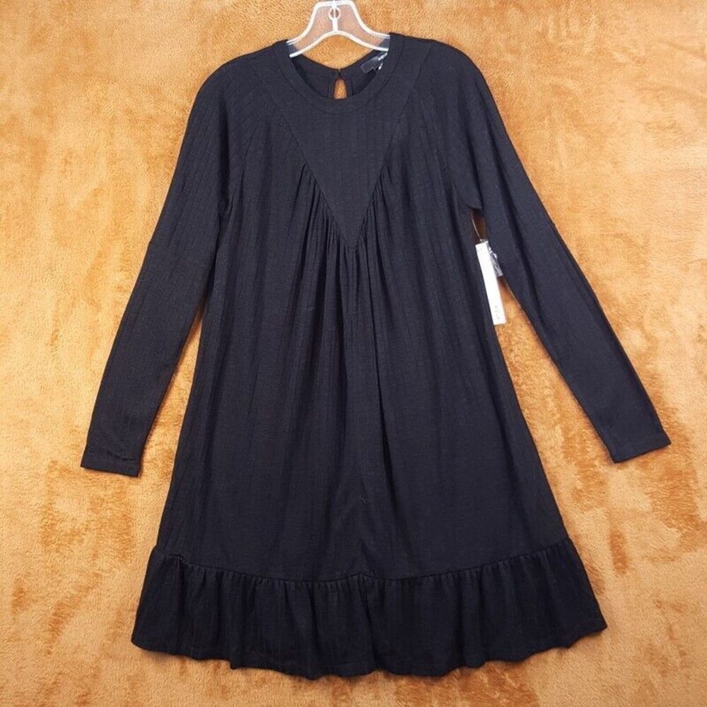 AQUA Womens Dress Small Black Pullover Shift Draped Ruffle Hem Keyhole Neck